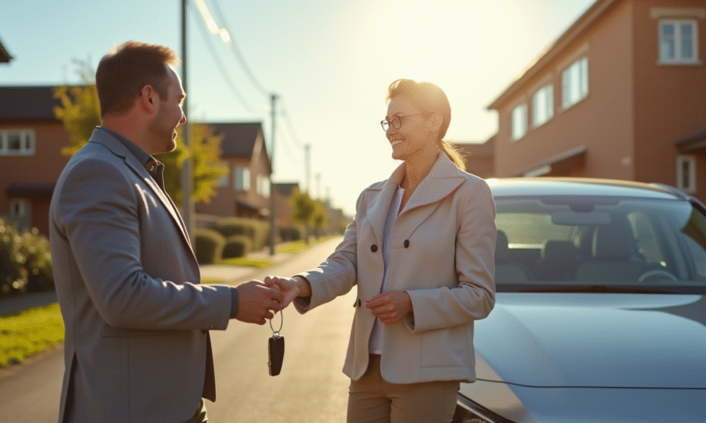 Personne remettant les clés de la voiture à un adulte devant une voiture familiale moderne ensoleillée
