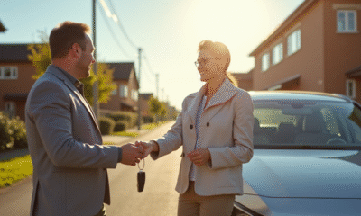 Personne remettant les clés de la voiture à un adulte devant une voiture familiale moderne ensoleillée