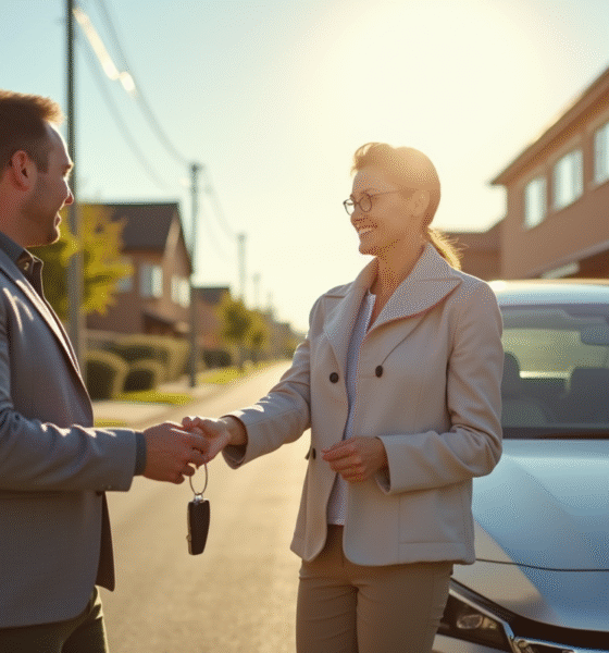 Personne remettant les clés de la voiture à un adulte devant une voiture familiale moderne ensoleillée