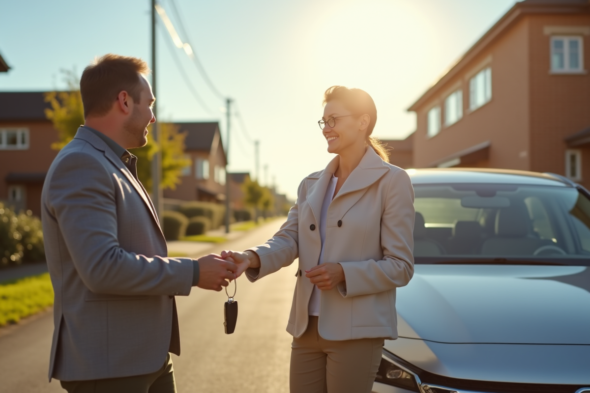 Personne remettant les clés de la voiture à un adulte devant une voiture familiale moderne ensoleillée