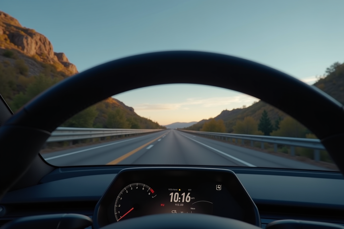 Zoom sur le tableau de bord Tesla avec longue distance parcourue