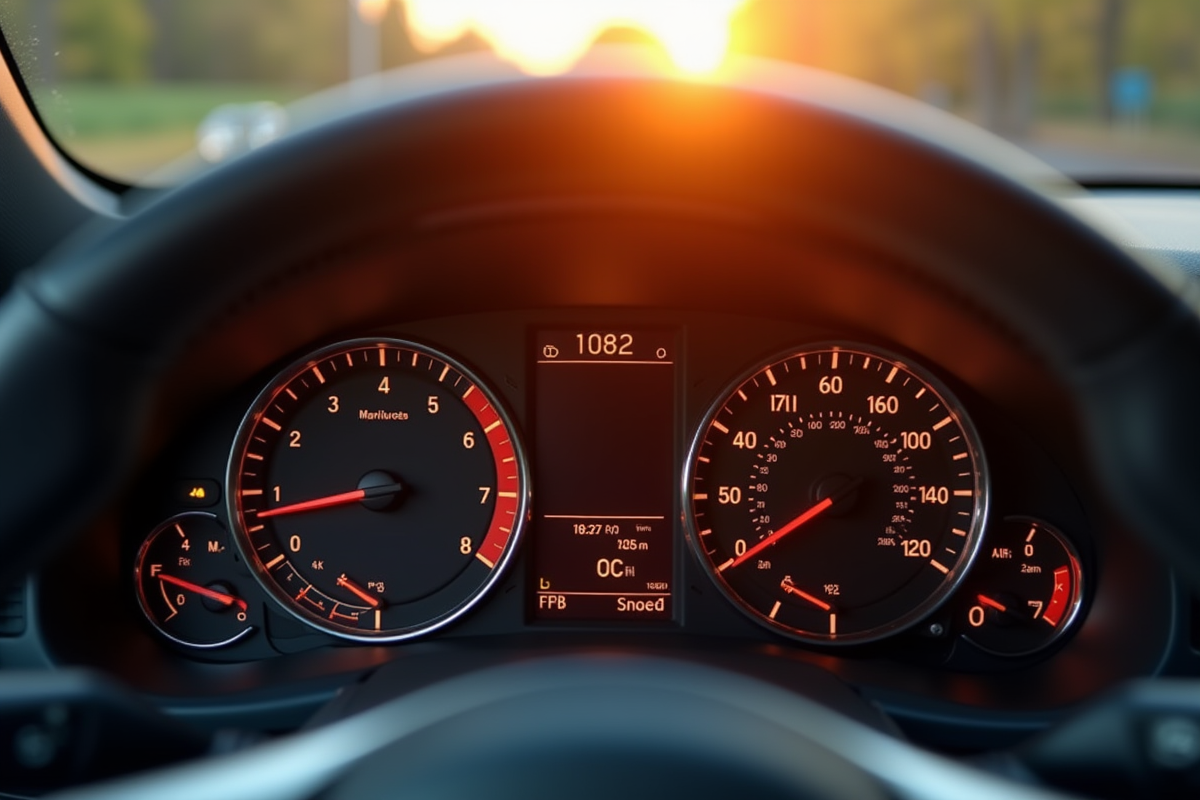 Tableau de bord de voiture en plein jour avec compteur
