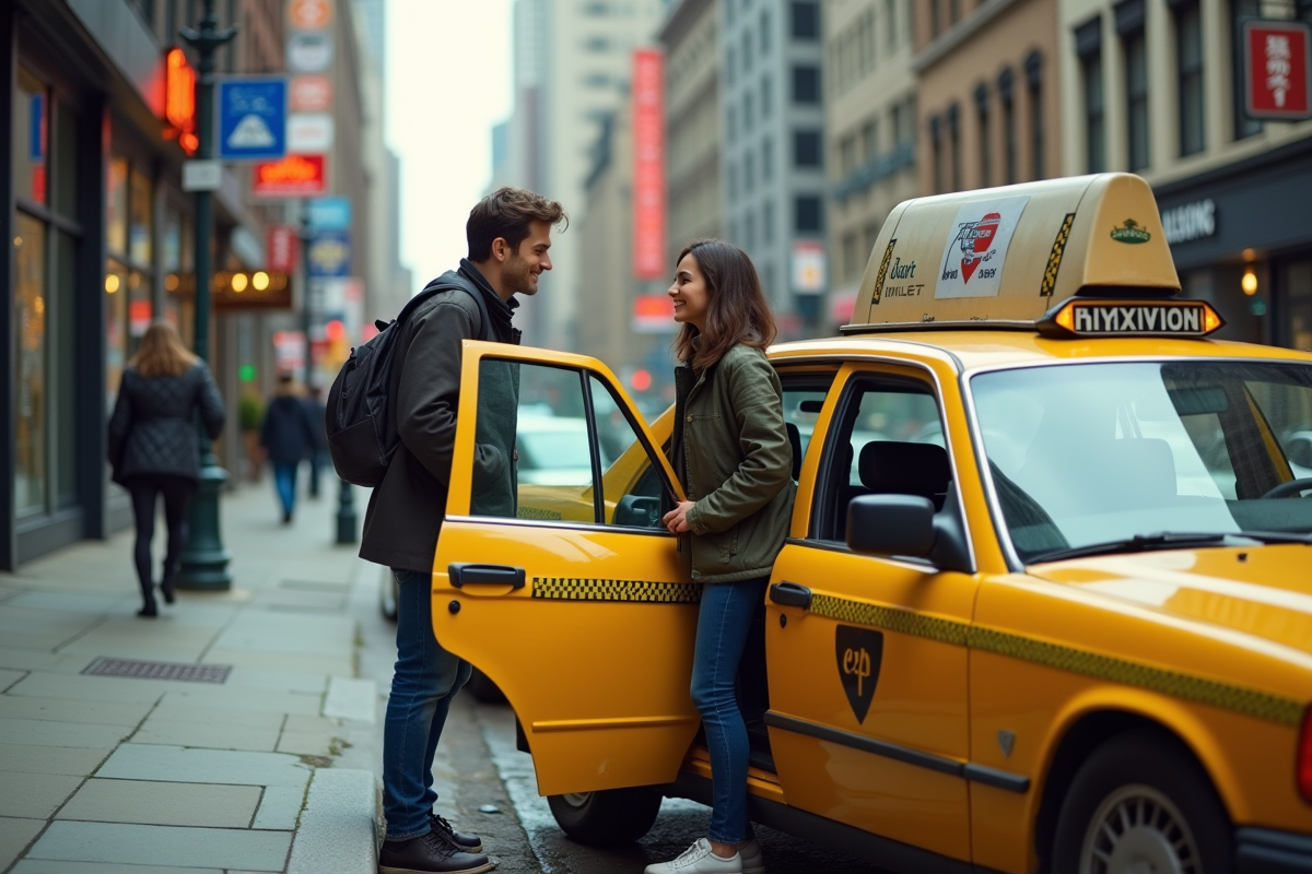 Jeune homme ouvrant la porte d’un taxi jaune dans une rue animée