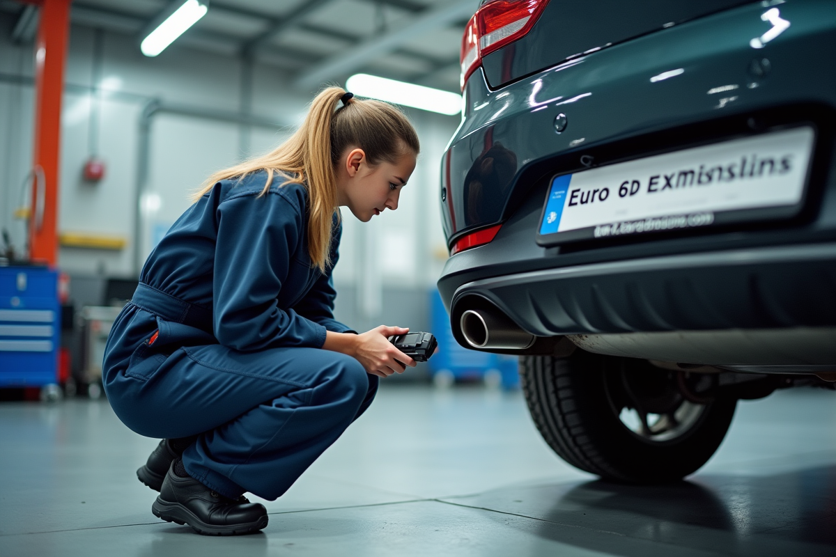 Jeune technicienne inspectant le système d’échappement en atelier