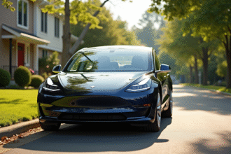 Tesla Model 3 moderne garée dans une rue ensoleillée